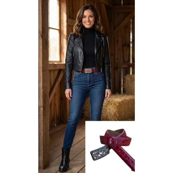 Brighton Red Patent Croc Leather Belt – Rhinestone Heart Buckle – Size 32 - Picture 1 of 11